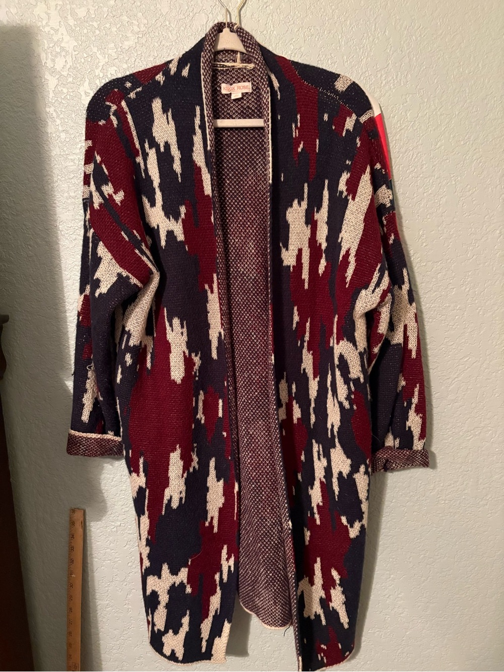 Knox Rose Open Front long Cardigan Sweater Aztec Western Burgundy Blue Sz Med